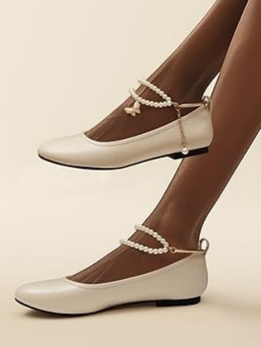 Chicmyth Pearl & Gold Tone Strap Cream Balet Flats Size 41 (10) NWOT